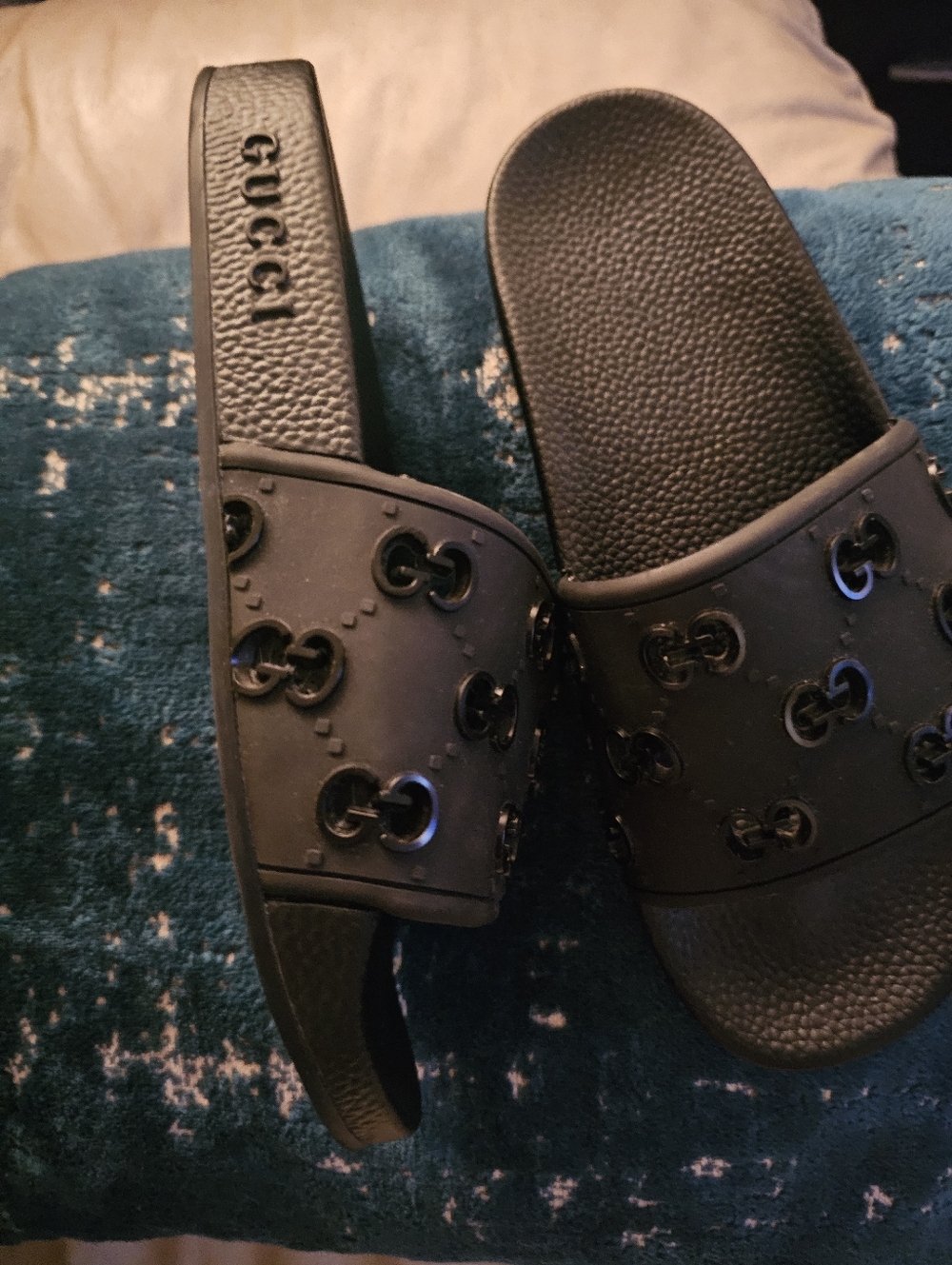 Gucci Black Rubber GG Embossed Slide Sandals